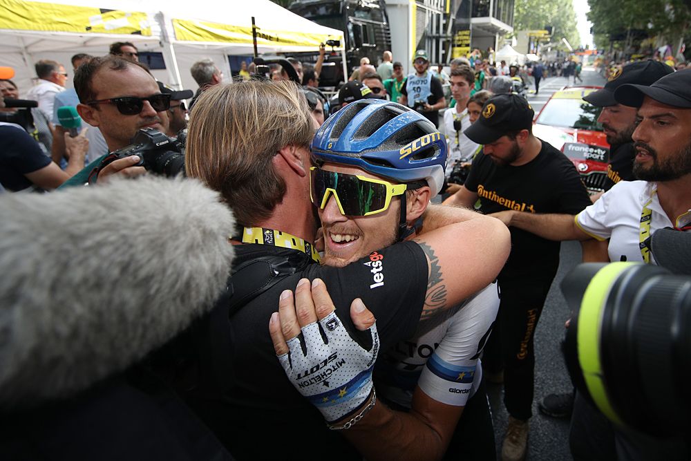 Matteo Trentin (Mitchelton-Scott) celebrates winning stage 17 at the Tour de France