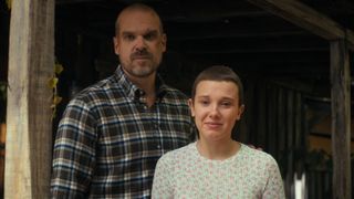 Jim Hopper (David Harbour, left) standing behind Eleven (Millie Bobby Brown) in Netflix's "Stranger Things" season 4