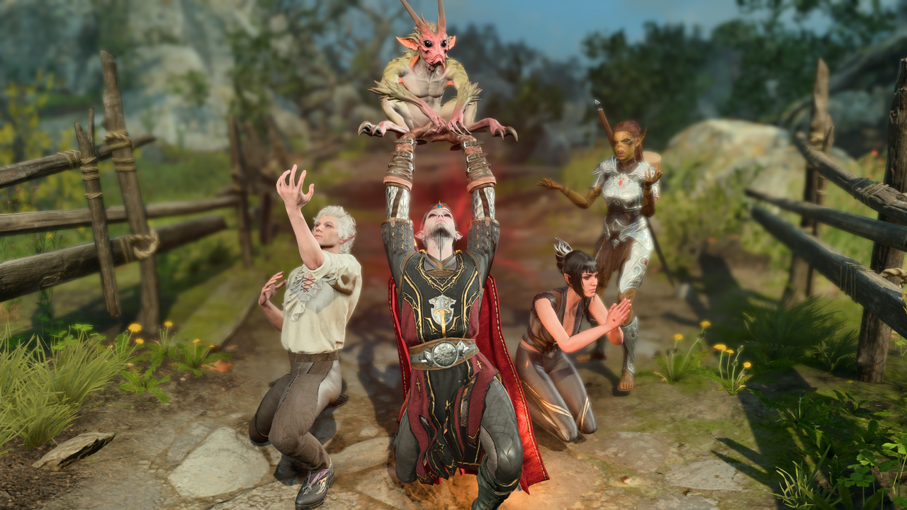 Assorted examples of the photo mode in Baldur's Gate 3, including sitting poses for cute animals, a waving ghoul, and dances.