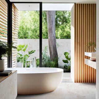 wabi sabi style bathroom with marble floor and vanity, wood panelled wall, black crittall doors with view outside