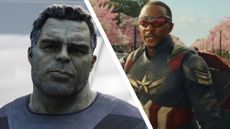 A collage image of Smart Hulk looking somber in Avengers: Endgame and Sam Wilson looking worried in Captain America 4