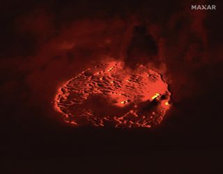 Maxar Technologies' WorldView-3 satellite captured this color infrared image of lava inside the Hawaiian volcano Kīlauea on the night of Sept. 30, 2021.