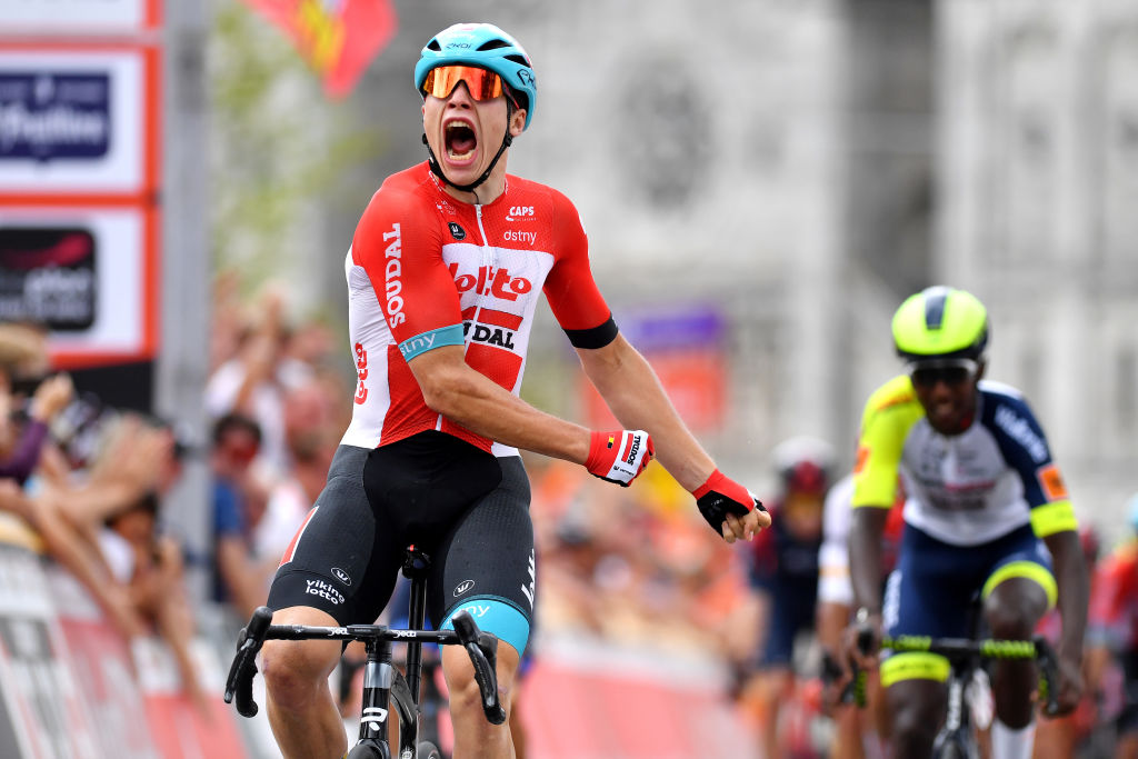 ROCHEFORT BELGIUM JULY 25 Arnaud De Lie of Belgium and Team Lotto Soudal celebrates winning during the 43rd Ethias Tour de Wallonie 2022 Stage 3 a 1956km stage from Vis to Rochefort ethiastourdewallonie22 on July 25 2022 in Rochefort Belgium Photo by Luc ClaessenGetty Images