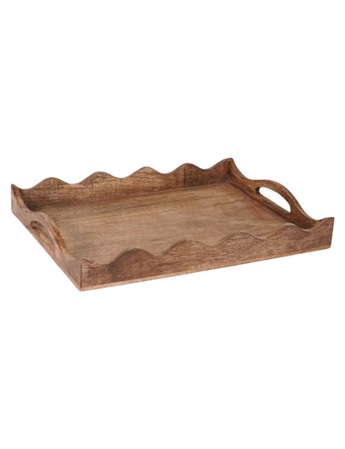 Mela Artisans Scalloped Edge Handcrafted Natural Mango Wood Serving Tray With Handles