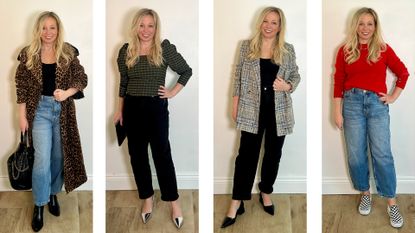 Antonia Kraskowski wearing four different outfits to demonstrate how to style barrel leg jeans 