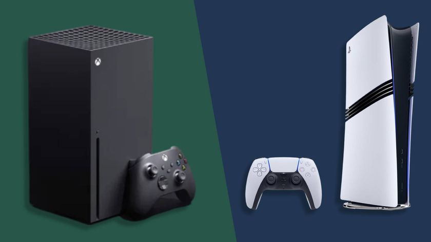 The PS5 Pro on a blue background next to the Xbox Series X on a green background