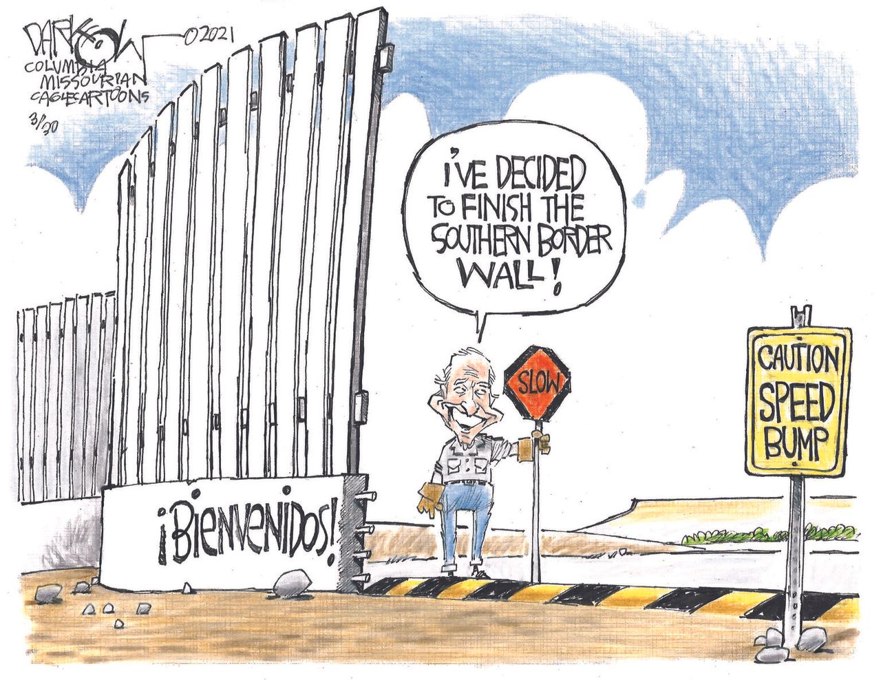 Political Cartoon U.S. biden border wall welcome migrants&amp;amp;nbsp;