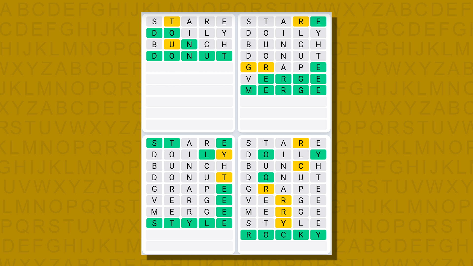 Ежедневная последовательность ответов Quordle для игры 734 на желтом фоне