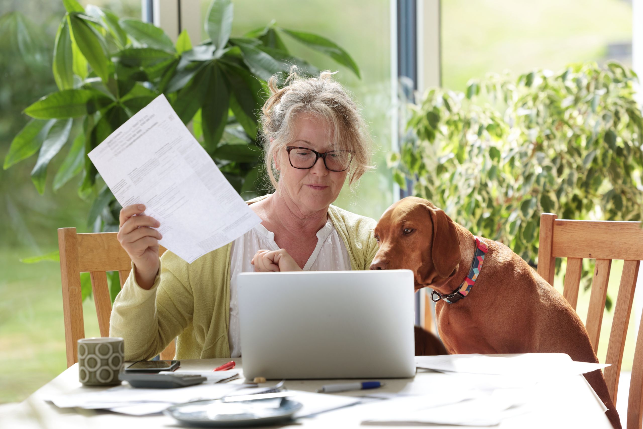 State pension age woman looks at laptop as she holds document while sitting beside her dog.