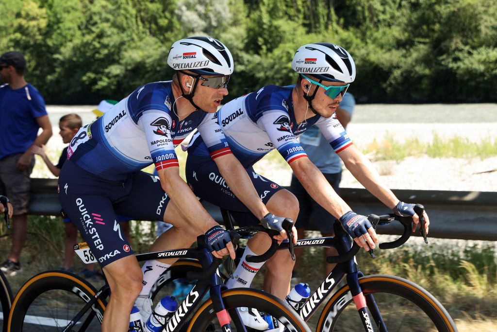 BOURGENBRESSE FRANCE JULY 20 LR Michael M&oslash;rk&oslash;v of Denmark and Remi Cavagna of France and Team Soudal Quick Step compete during the stage eighteen of the 110th Tour de France 2023 a 1849km stage from Motiers to BourgenBresse UCIWT on July 20 2023 in BourgenBresse France Photo by Michael SteeleGetty Images