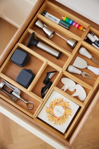 neatly organized kitchen junk drawer