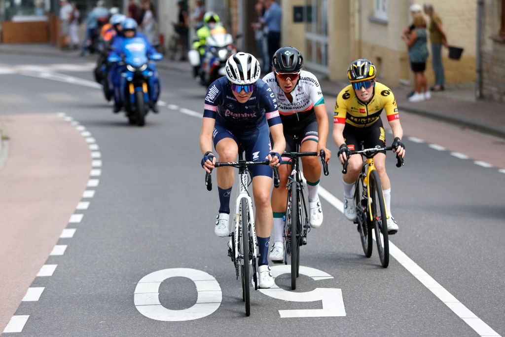 LANDGRAAF NETHERLANDS SEPTEMBER 02 Julie Van De Velde of Belgium and Team PlanturPura Mischa Bredewold of Netherlands and Team Parkhotel Valkenburg and Anna Henderson of United Kingdom and Jumbo Visma Team compete in the breakaway during the 25th Simac Ladies Tour 2022 Stage 4 a 1352km stage from Landgraaf to Landgraaf SLT2022 UCIWWT on September 02 2022 in Landgraaf Netherlands Photo by Bas CzerwinskiGetty Images