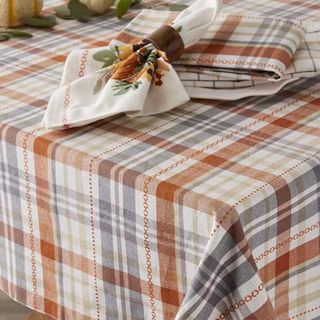 Checked brown, cream and gray tablecloth