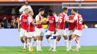 Arsenal vs Monaco live stream Leandro Trossard of Arsenal celebrates his goal with teammates during a game between Barcelona and Arsenal at SoFi Stadium on July 26, 2023 in Inglewood, California. 