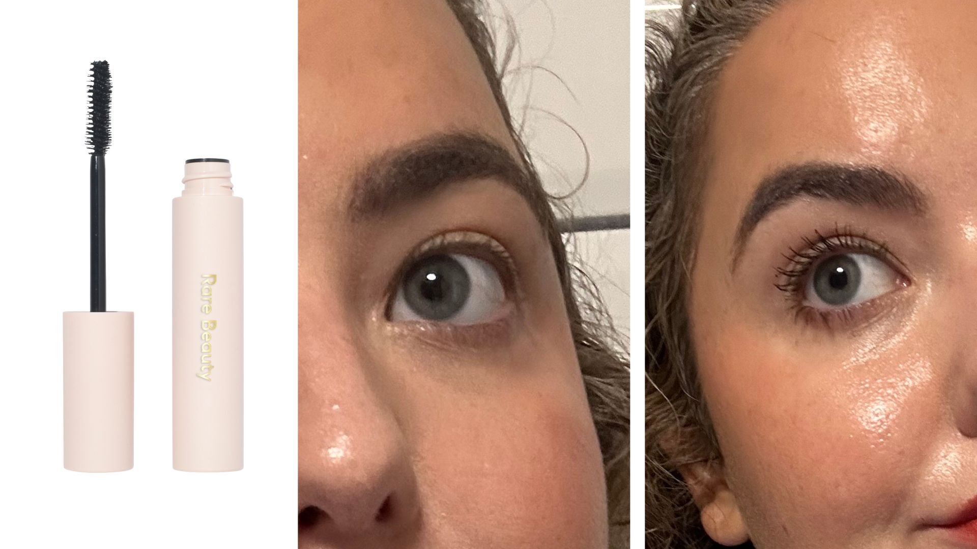 Rhiannon Derbyshire&#039;s lashes before and after wearing Rare Beauty Perfect Strokes Volumising Mascara, next to a product shot