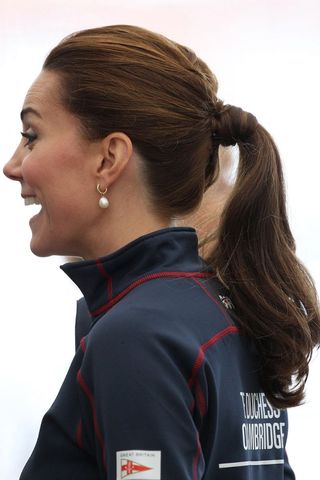 Kate Middleton headshot with a mid ponytail hairstyle