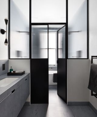 Glass partition wall for the bathroom