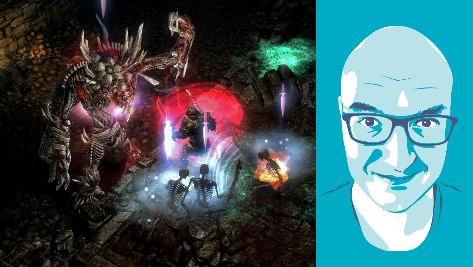 Grim Dawn composite with headshot of PC Gamer writer Harvey Randall