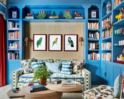 Family room with blue built in cabinet and decorative furnishings