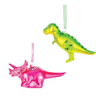 Two dionsaur Christmas decorations: one pink, one green