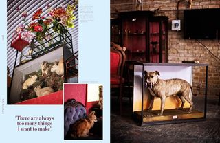 An arrangement of taxidermy rabbits, a pomeranian, and a Victorian fighting dog with gold drool effect