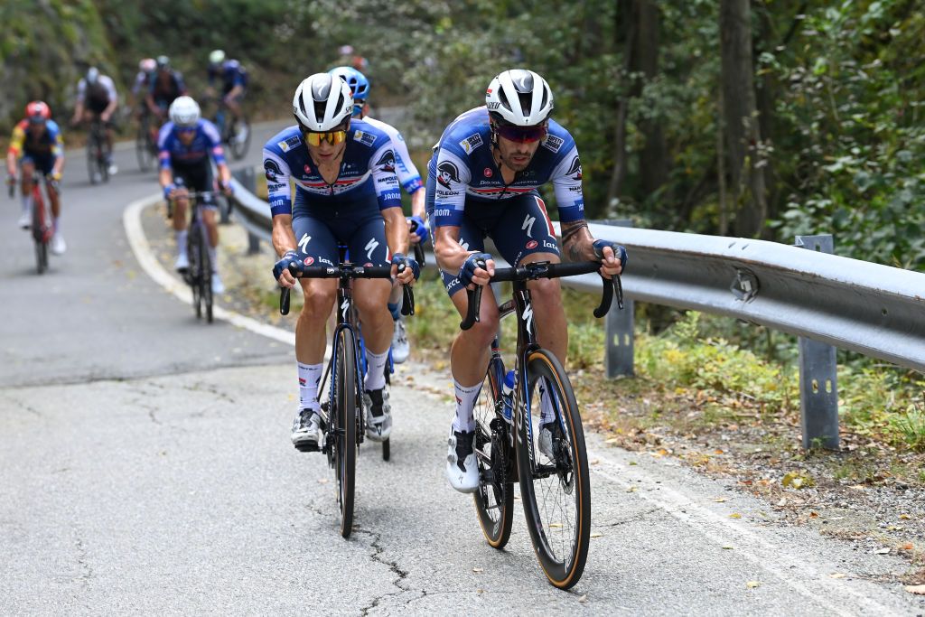 Soudal-QuickStep riders racing during the 2023 edition of the Gran Piemonte 