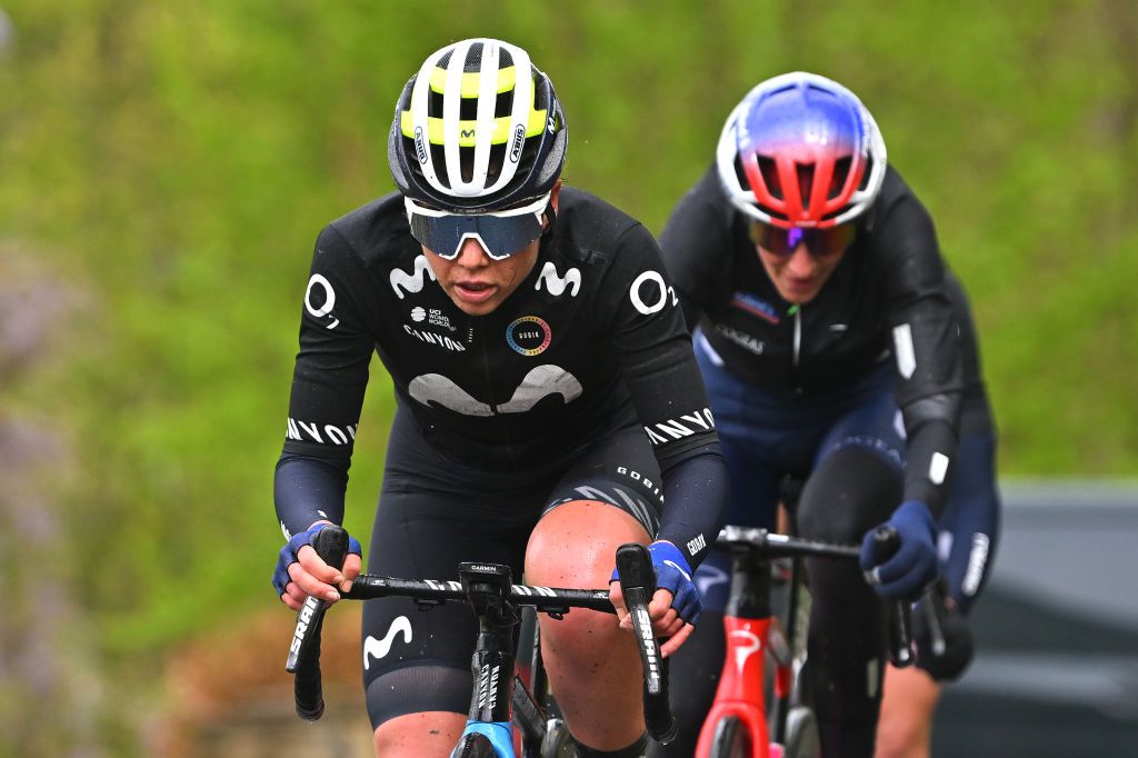HUY BELGIUM APRIL 17 Sara Martin of Spain and Movistar Team leads the breakaway during the 27th La Fleche Wallonne Feminine 2024 a 146km one day race from Huy to Huy UCIWWT on April 17 2024 in Huy Belgium Photo by Luc ClaessenGetty Images