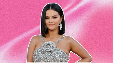 selena gomez in a silver dress and earrings on a bright pink background outlined in white