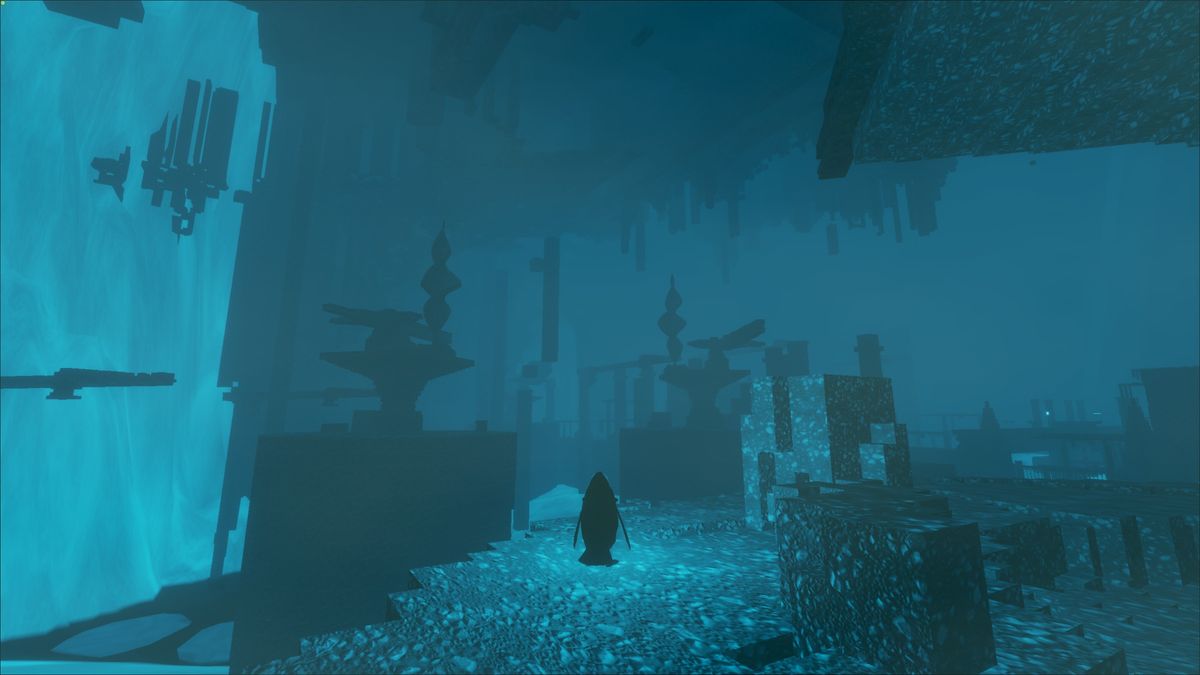 Penguin standing before vast megastructures