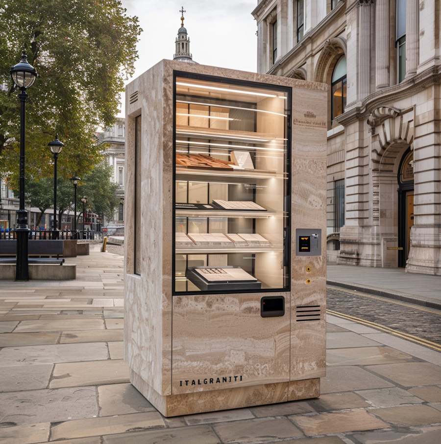 A vending machine in faux marble is stocked with ceramic tiles in a stone-clad city filled with lightposts and trees.