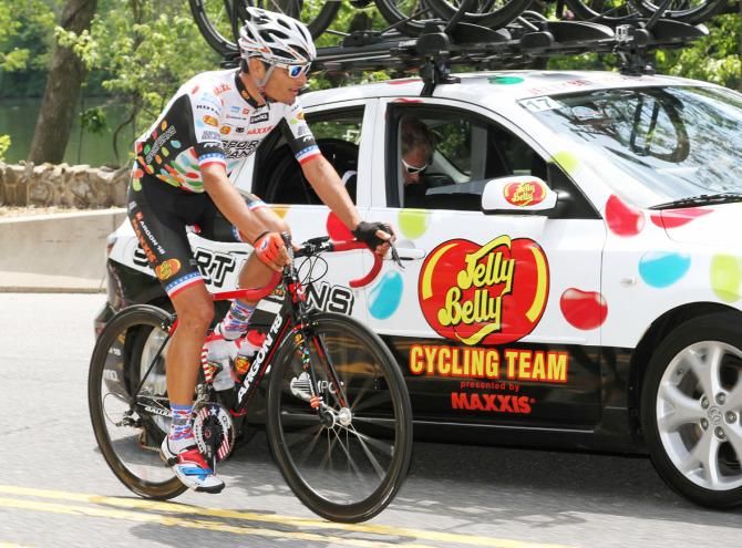 Three time National Road Champ Freddie Rodriguez (Jelly Belly p/b Maxxis) hits his team car for some&hellip;candy?