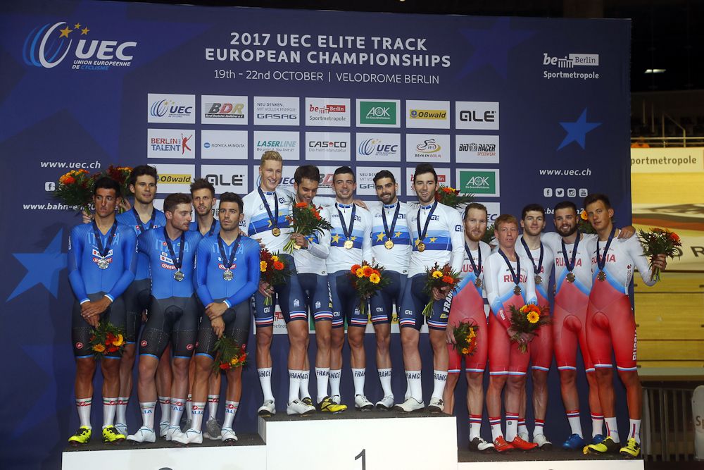 Italy, France and Russia on the European championships team pursuit podium
