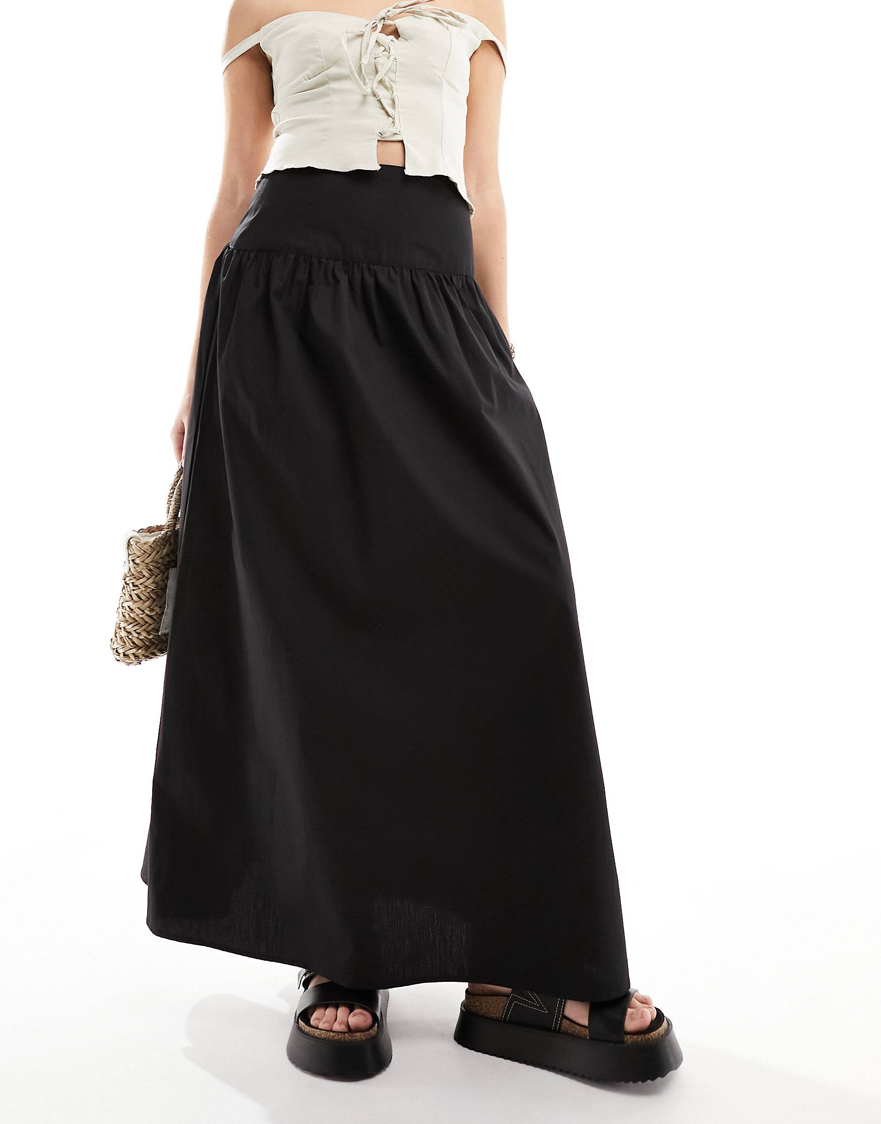 Asos Design Dropped Waist Cotton Poplin Maxi Skirt in Black