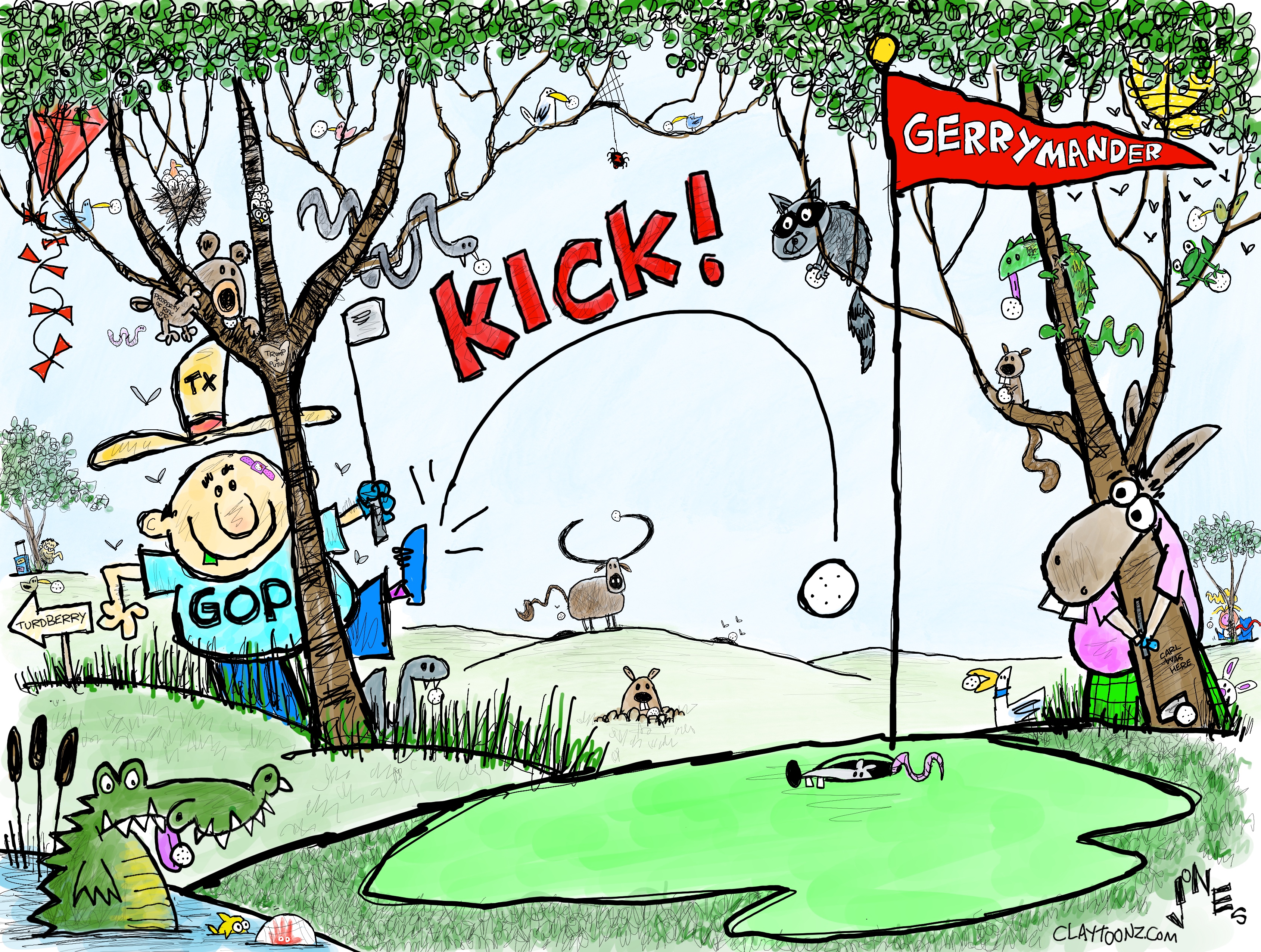 This cartoon depicts a comic golf course scene. A man labeled “GOP” with a cowboy hat labeled “TX” stands behind a tree where he kicks a golf ball onto the green and closer to the hole. The golf flag on the green is labeled “Gerrymander”. There’s a donkey nearby too and a rat hiding in the hole.
