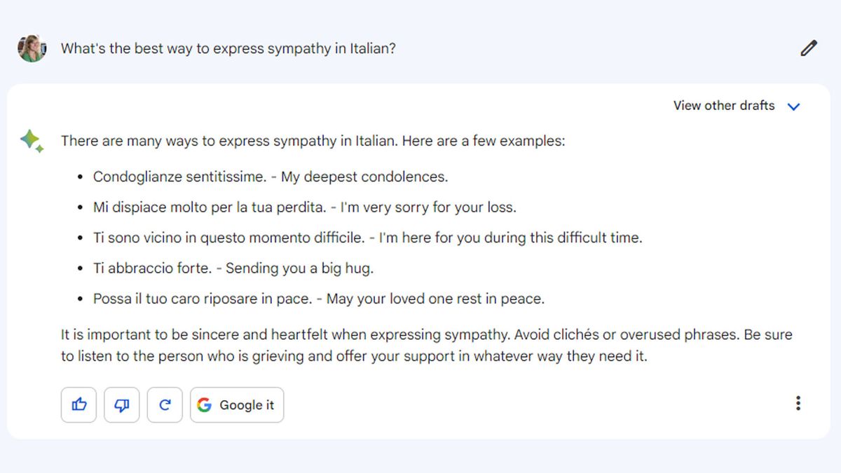 Google Bard lists suggestions for how to express sympathy in Italian.