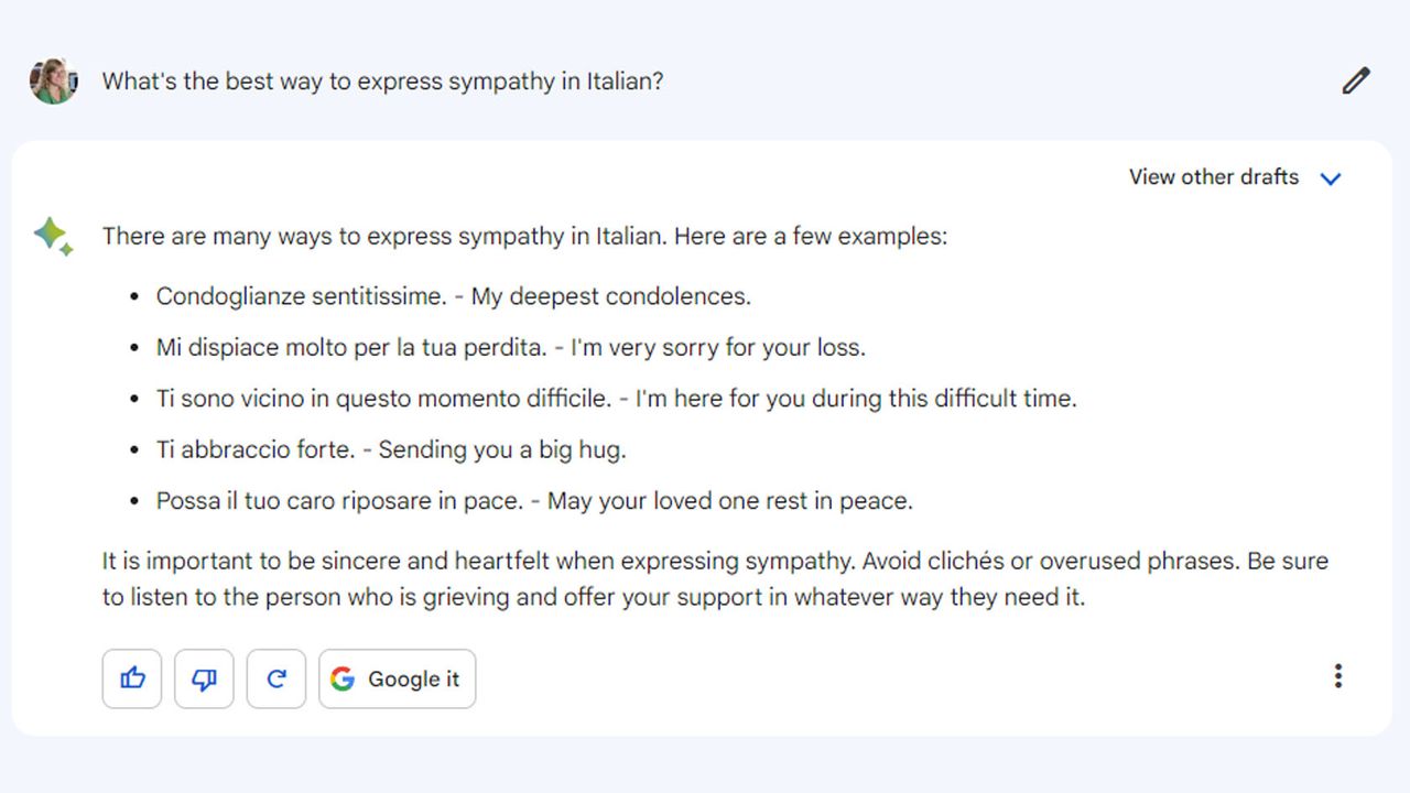 Google Bard lists suggestions for how to express sympathy in Italian.