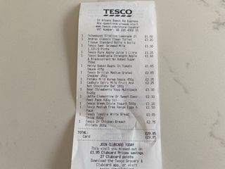 Receipt from basket of 15 items from Tesco Express