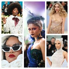 a carousel of five women in bold hair and makeup at the met gala
