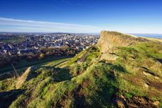 Edinburgh city seen from Salisbury Crags on Arthur's Seat, Scotland.