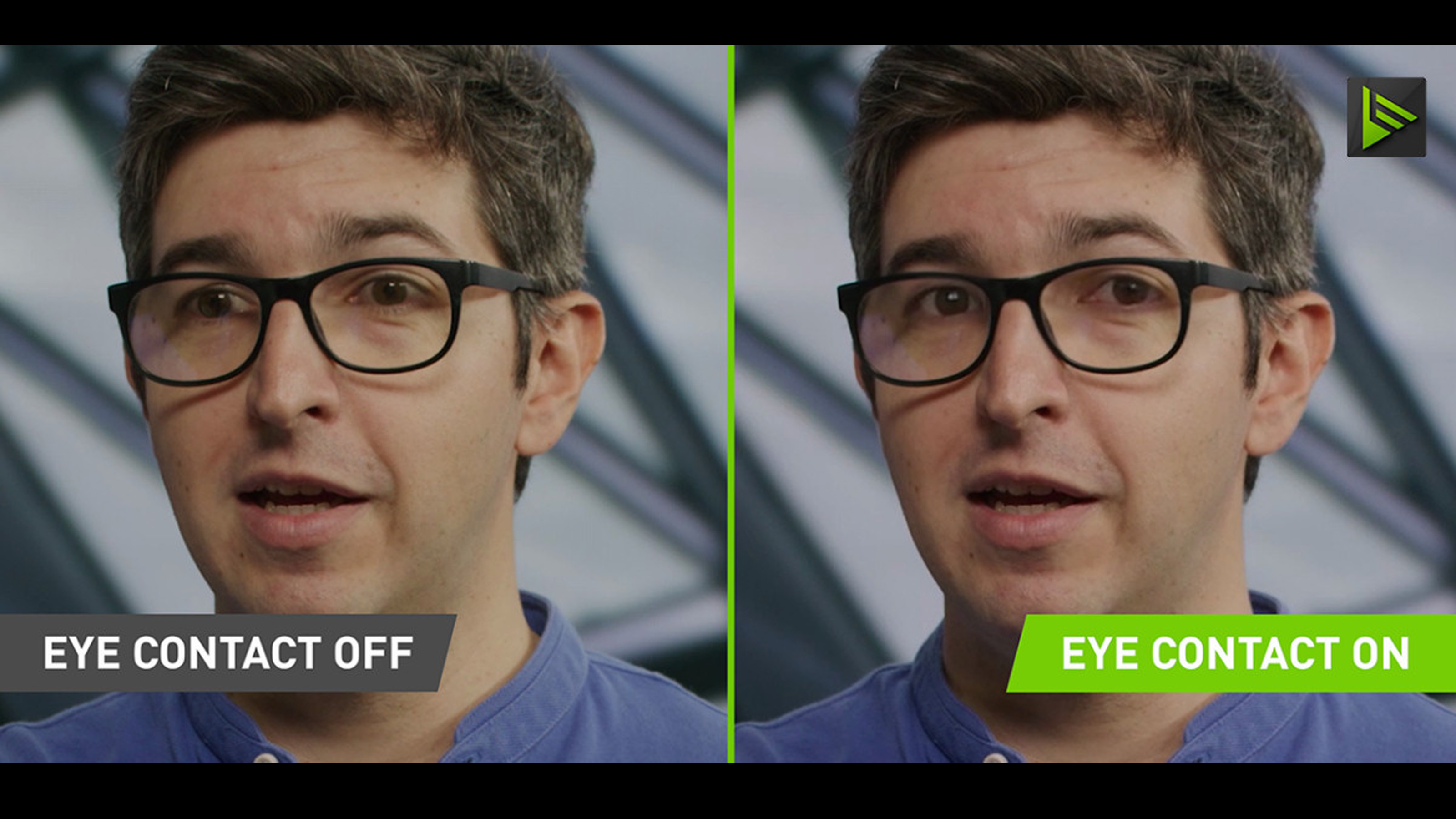 A promotional shot of the NVIDIA eye contact mod showing a man looking offscreen but corrected to looking into the camera