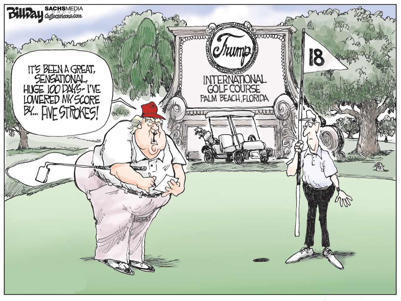 Political Cartoon U.S. Trump first hundred days Mar-a-Lago golf