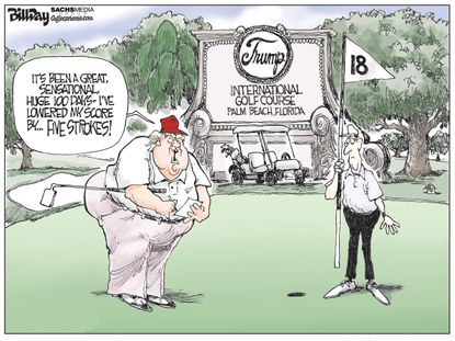Political Cartoon U.S. Trump first hundred days Mar-a-Lago golf