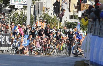 A crash in the finishing straight of Stage 2 of the 2015 Tirreno-Adriatico (Watson)