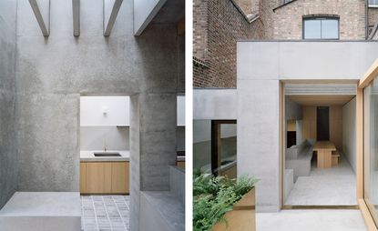 two images, inside the kitchen and rear view of Islington House by McLaren Excell