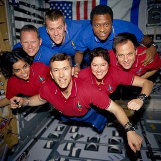 This image of the STS-107 shuttle Columbia crew in orbit was recovered from wreckage inside an undeveloped film canister. The shirt colors indicate their mission shifts. From left (bottom row): Kalpana Chawla, mission specialist; Rick Husband, commander; Laurel Clark, mission specialist; and Ilan Ramon, payload specialist. From left (top row) are astronauts David Brown, mission specialist; William McCool, pilot; and Michael Anderson, payload commander. Ramon represents the Israeli Space Agency.