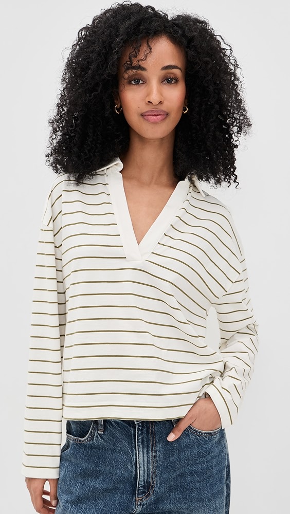 Vince Striped Easy Long Sleeve Polo