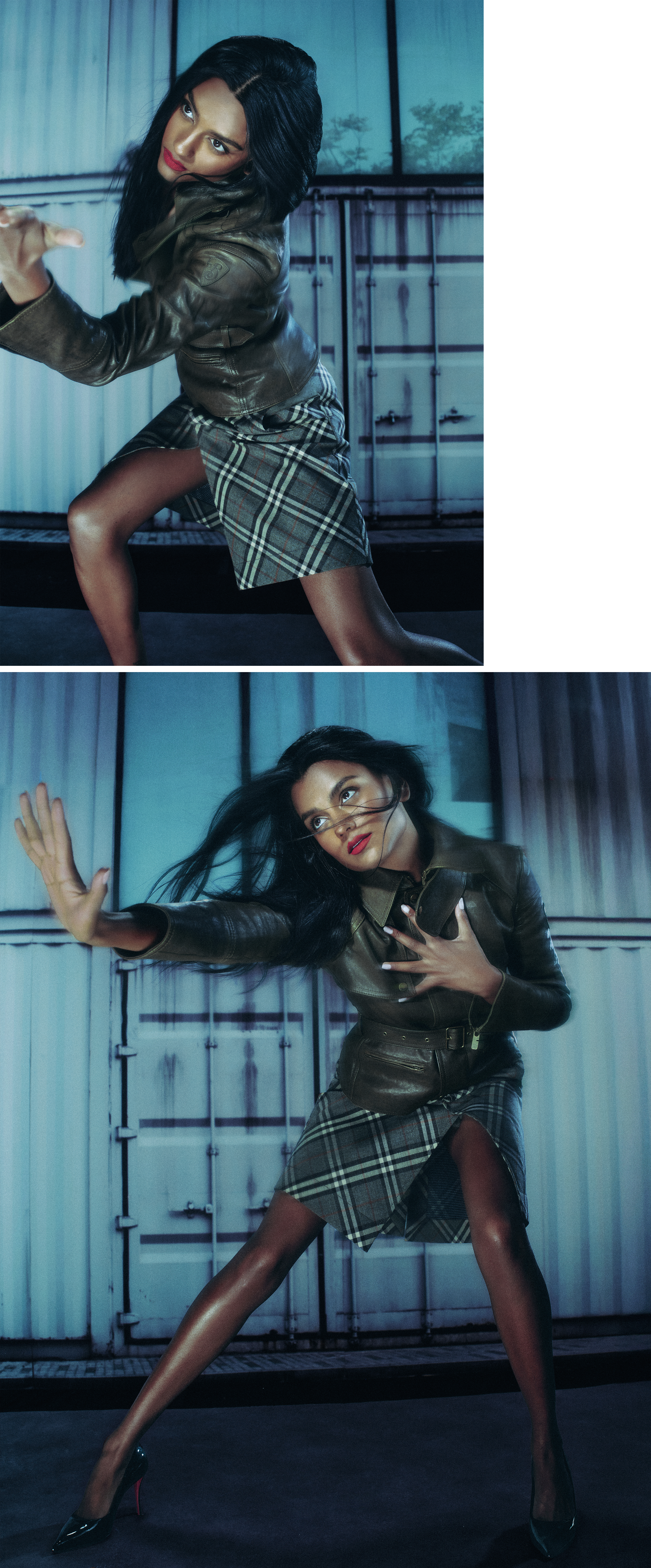 Simone Ashley is captured mid-movement in front of a metal crate backdrop wearing a green leather jacket and plaid pencil skirt.