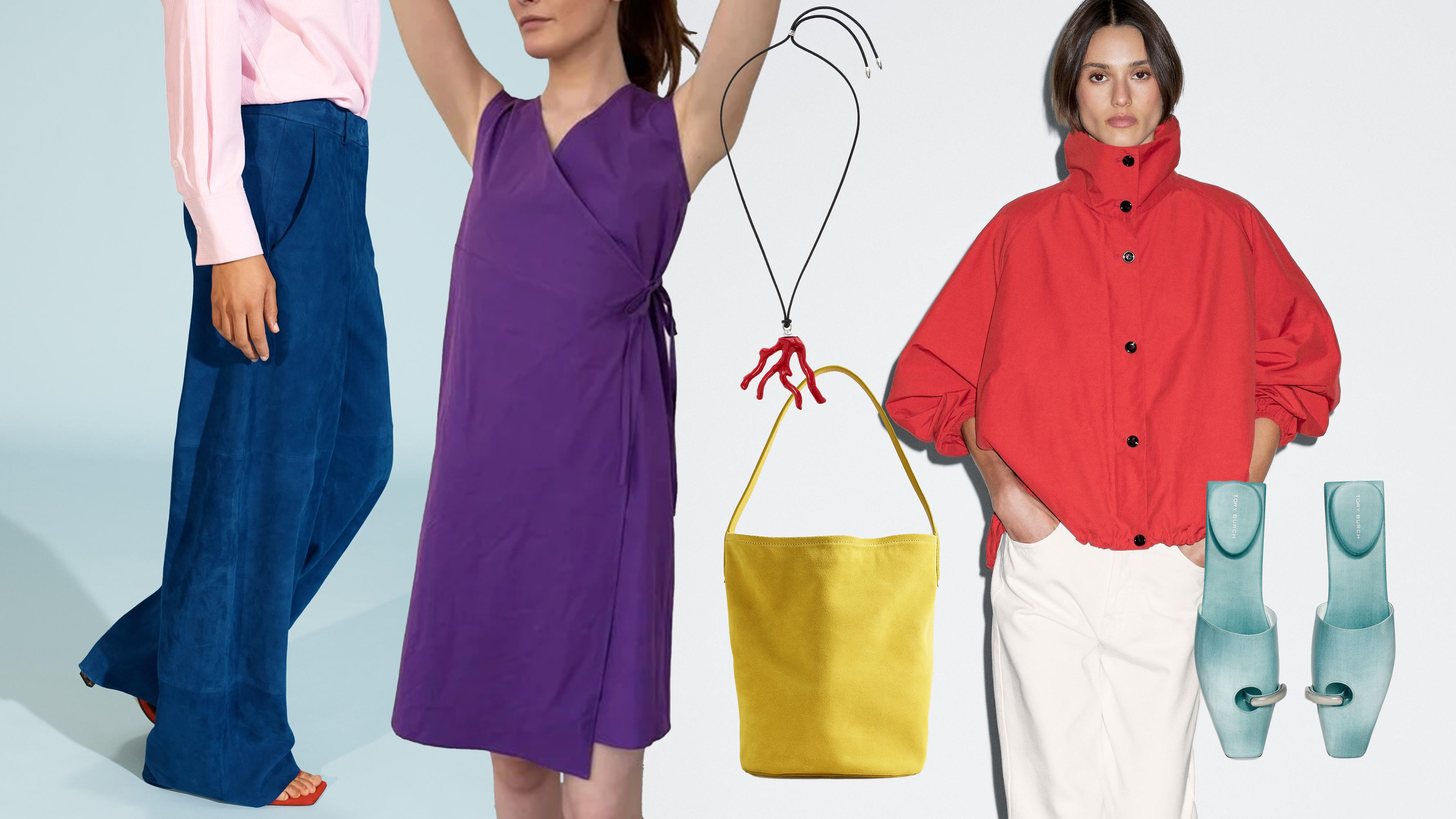 A collage featuring photos of various technicolor fashion items to shop for fall 2025.