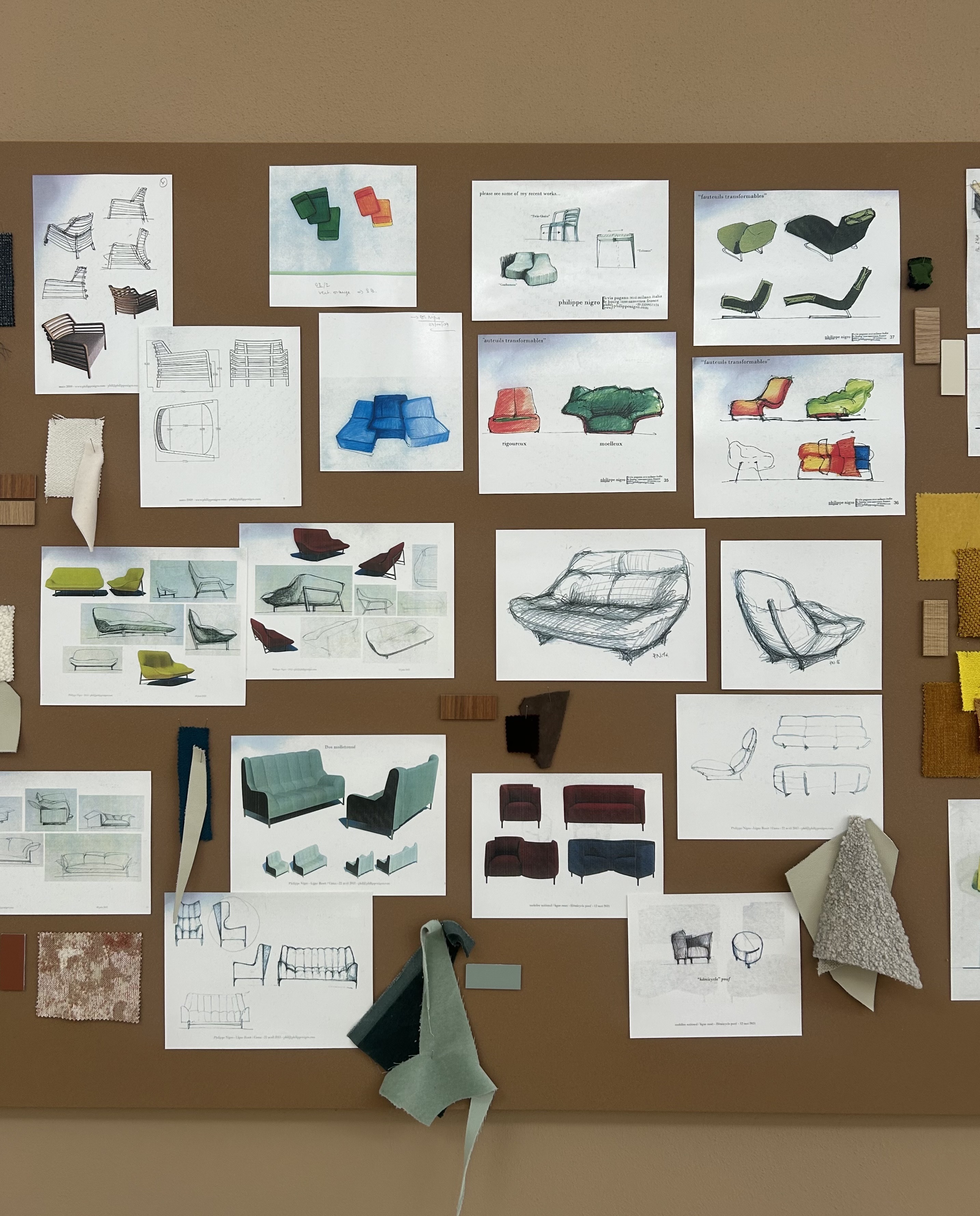Moodboard at Studio 1860 featuring furniture sketches, upholstery samples and archival designs from Ligne Roset&amp;rsquo;s collaborations with designers.