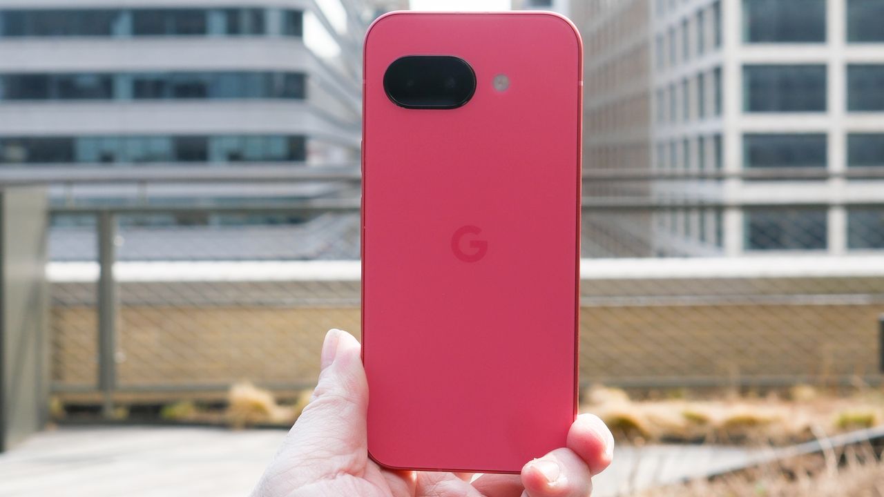 Google Pixel 9a in black, peony pink, iris, and porcelain, showing back cover with camera and home screen